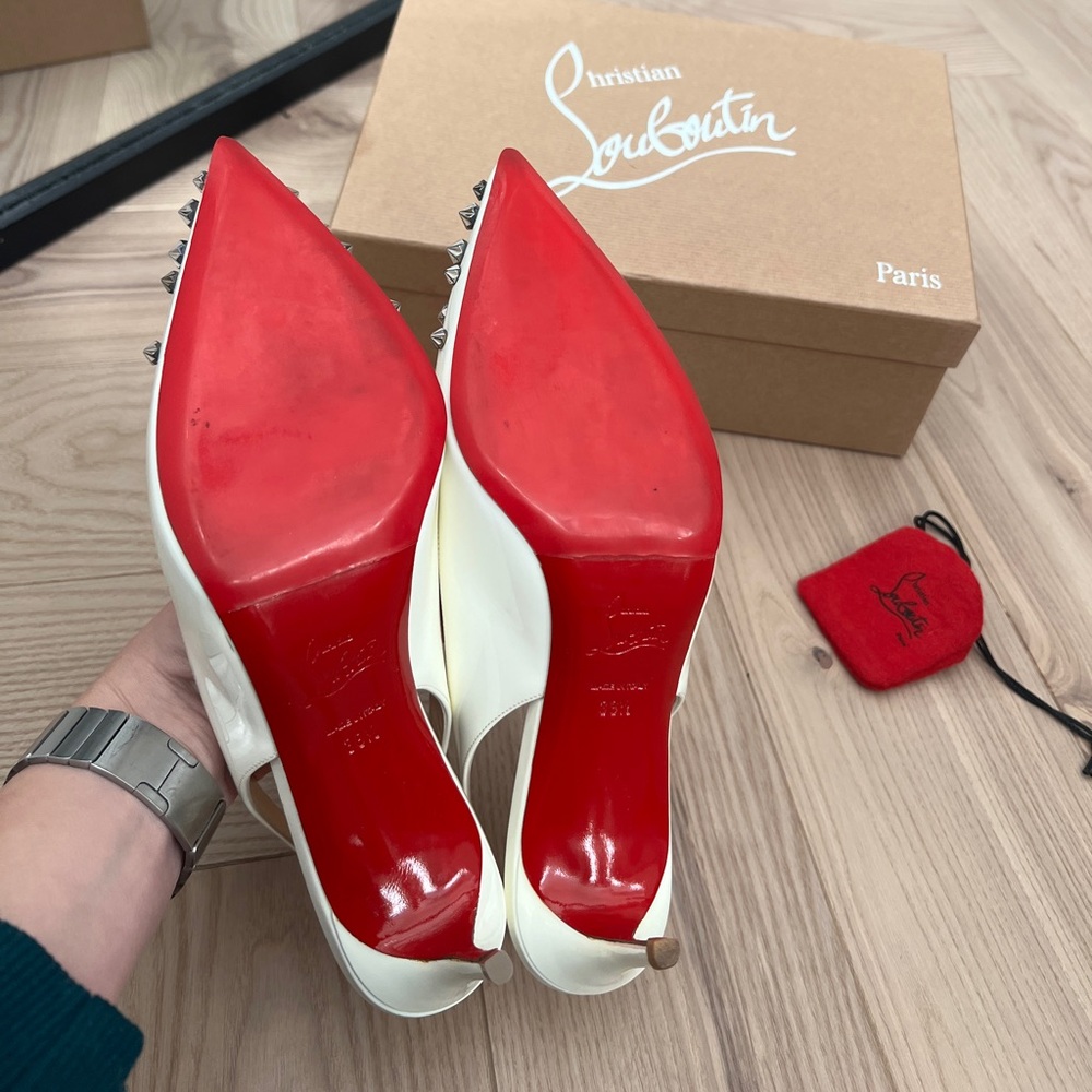 Christian Louboutin White Studded Slingback Heels with Red Soles - Picture 2 of 7
